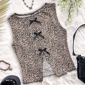 Leopard Print Sleeveless Top with Black Bow Accents